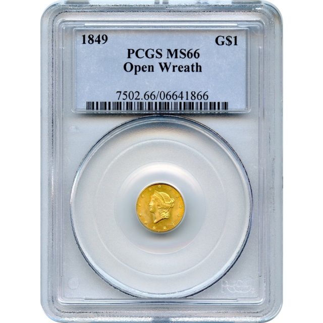 1849 G$1 Liberty Head Gold Dollar, Open Wreath PCGS MS66
