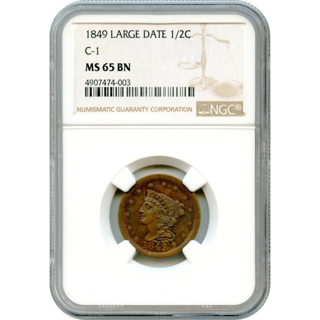 1849 1/2C Braided Hair Half Cent, Large Date C-1 NGC MS65BN