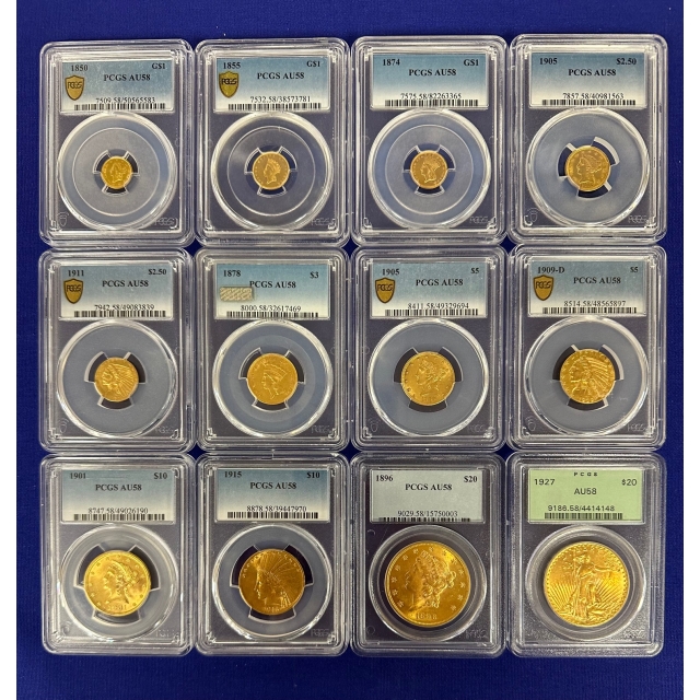 1850-1927 U.S. Gold 12pc Type Set PCGS AU58 (Everyman Registry!) 
