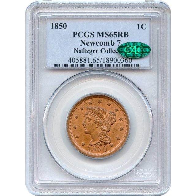 1850 1C Braided Hair Large Cent, Newcomb-7 PCGS MS65RB (CAC) Ex. Naftzger Collection