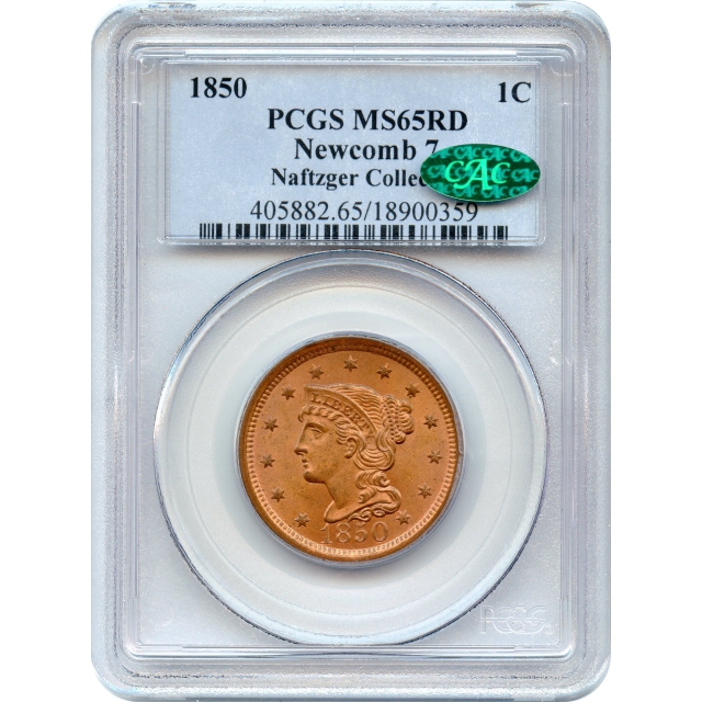 1850 1C Braided Hair Large Cent, Newcomb-7 PCGS MS65RD (CAC) Ex. Naftzger Collection