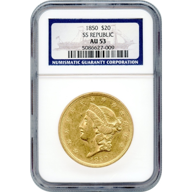 1850 $20 Liberty Head Double Eagle NGC AU53 Ex.SS Republic