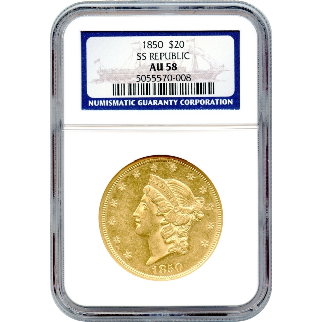 1850 $20 Liberty Head Double Eagle NGC AU58 Ex.SS Republic w/box & COA