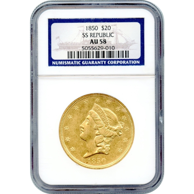 1850 $20 Liberty Head Double Eagle NGC AU58 Ex.SS Republic