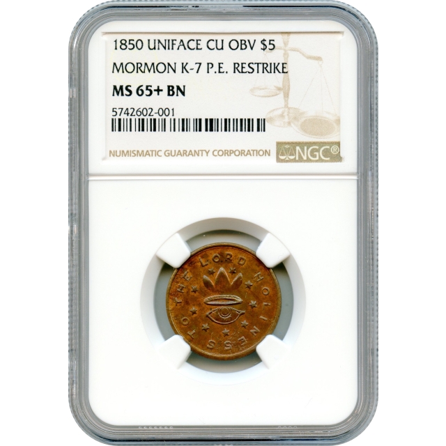 1850 $5 Mormon Copper Reverse Uniface Restrike, K-7a P.E. NGC MS65+BN