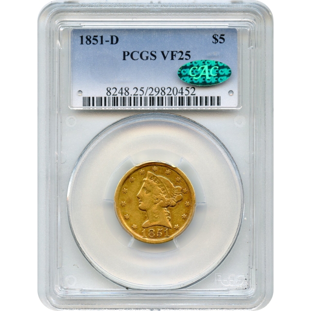 1851-D $5 Liberty Head Half Eagle PCGS VF25 (CAC)