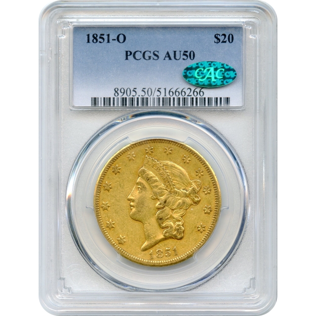 1851-O $20 Liberty Head Double Eagle PCGS AU50 (CAC)