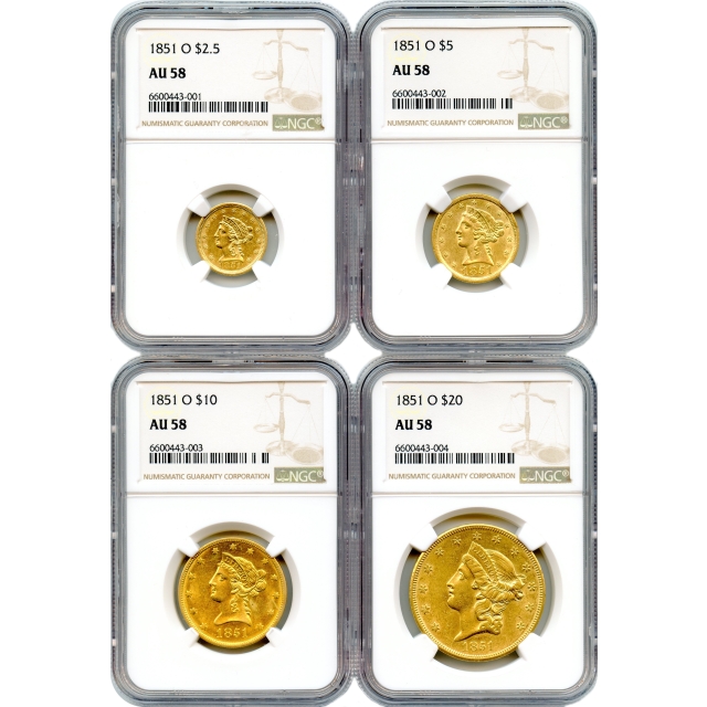 1851-O Liberty Head Gold Complete 4pc Denomination Set NGC AU58