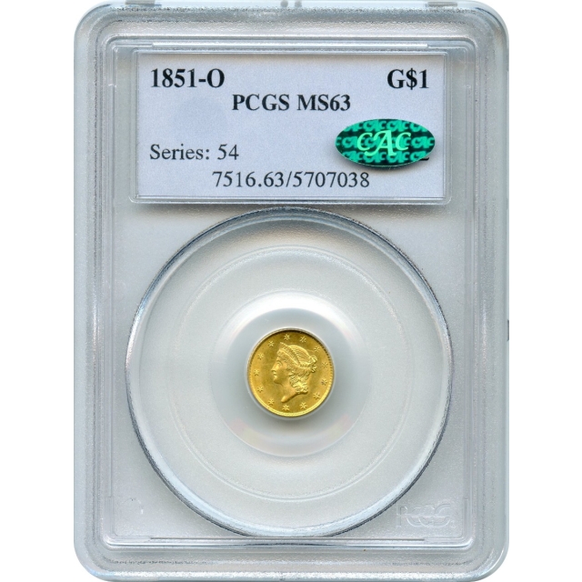 1851-O G$1 Liberty Head Gold Dollar PCGS MS63 (CAC)