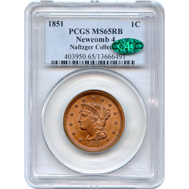 1851 1C Braided Hair Large Cent, Newcomb-4 PCGS MS65RB (CAC) Ex. Naftzger Collection