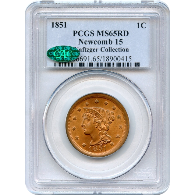 1851 1C Braided Hair Large Cent, Newcomb-15 PCGS MS65RD (CAC) Ex. Naftzger Collection