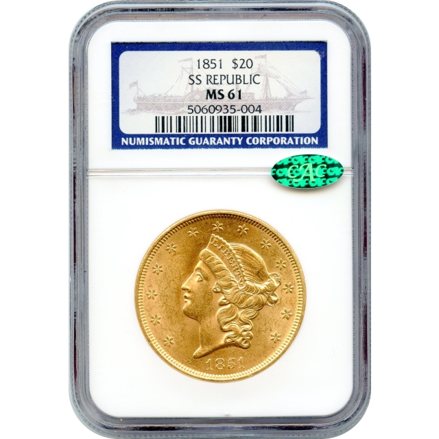 1851 $20 Liberty Head Double Eagle NGC MS61 (CAC) Ex.SS Republic