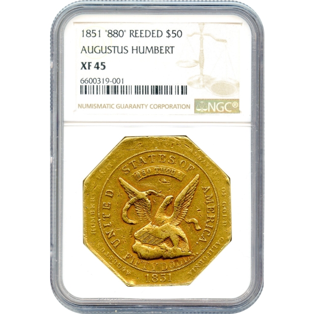 1851 $50 California Gold Quintuple Eagle - Augustus Humbert 880 Thous. RE NGC XF45