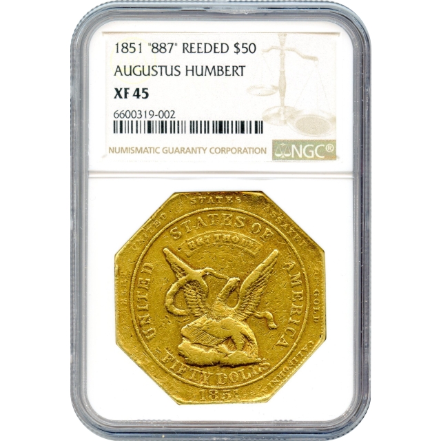 1851 $50 California Gold Quintuple Eagle - Augustus Humbert 887 Thous. RE NGC XF45