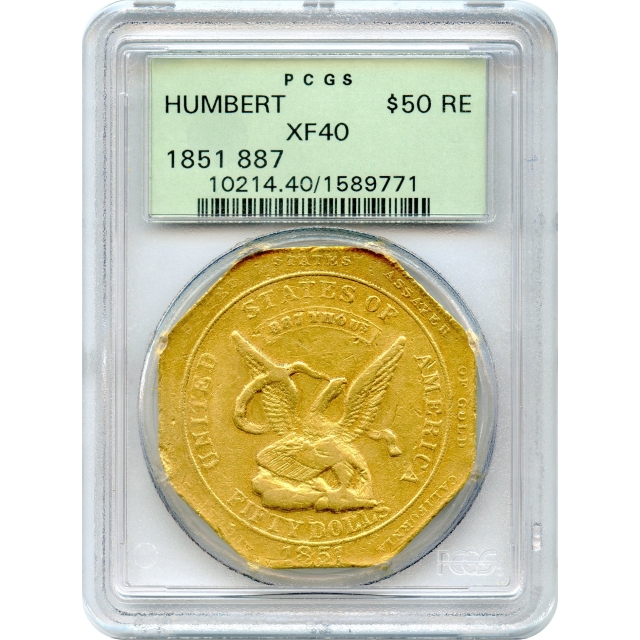 1851 $50 California Gold Quintuple Eagle - Augustus Humbert 887 Thous. RE PCGS XF40