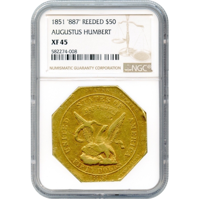 1851 $50 California Gold Quintuple Eagle - Augustus Humbert 887 Thous. RE NGC XF45