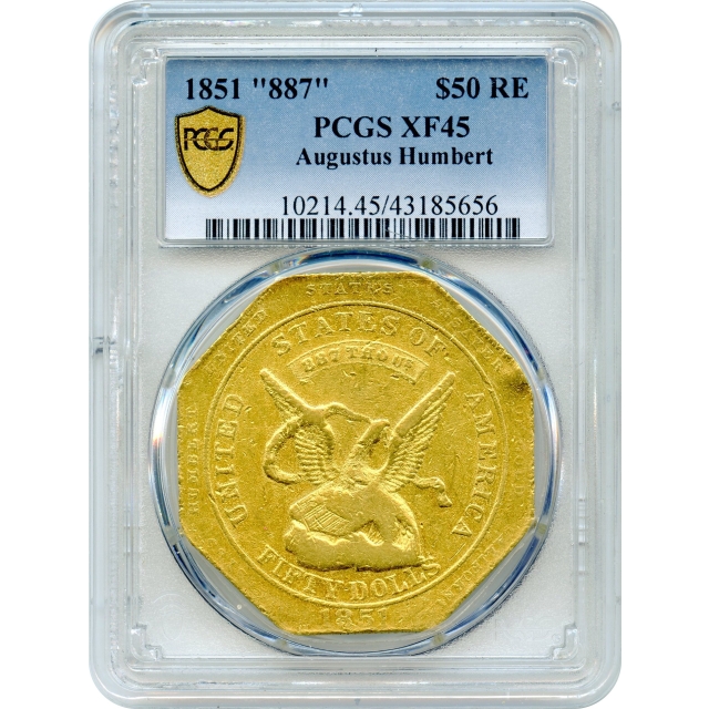 1851 $50 California Gold Quintuple Eagle - Augustus Humbert 887 Thous. RE PCGS XF45