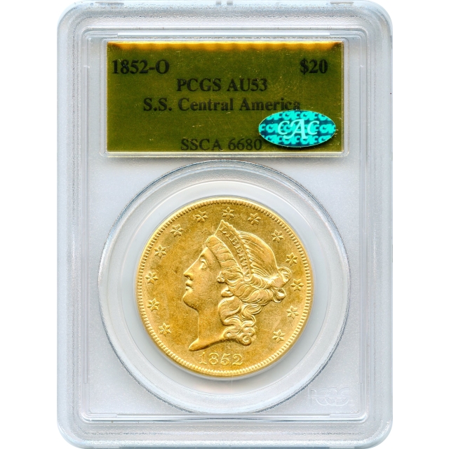 1852-O $20 Liberty Head Double Eagle PCGS AU53 Ex.SS Central America w/Box & COA