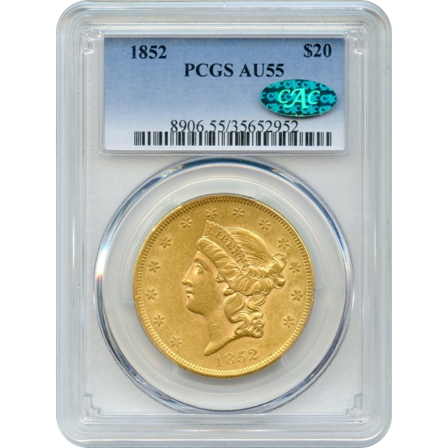 1852 $20 Liberty Head Double Eagle PCGS AU55 (CAC)