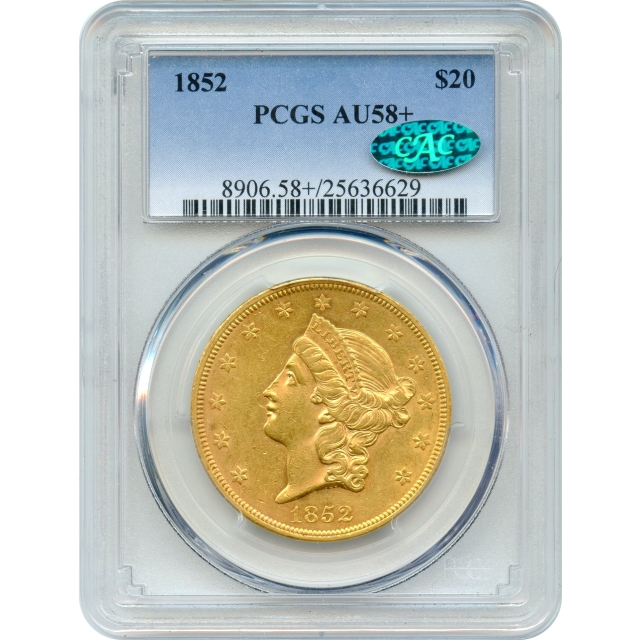 1852 $20 Liberty Head Double Eagle PCGS AU58+ (CAC)