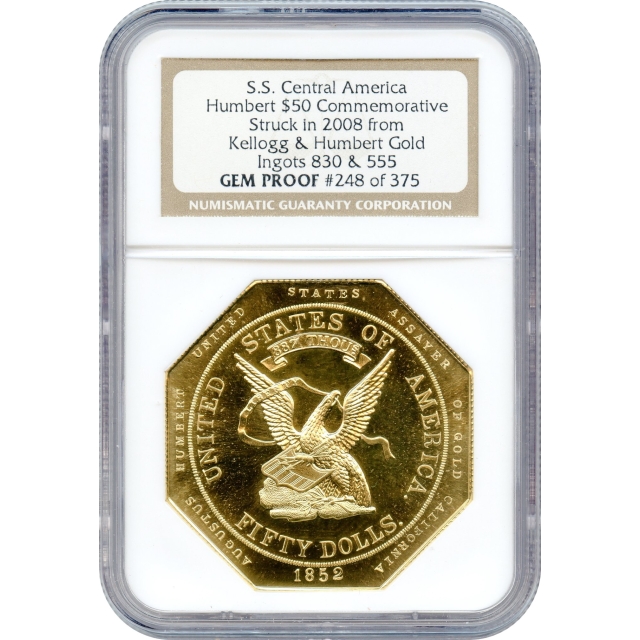 1852 $50 U.S. Assay Office 887 Thous. Commemorative NGC GEM PROOF from SS Central America ingots