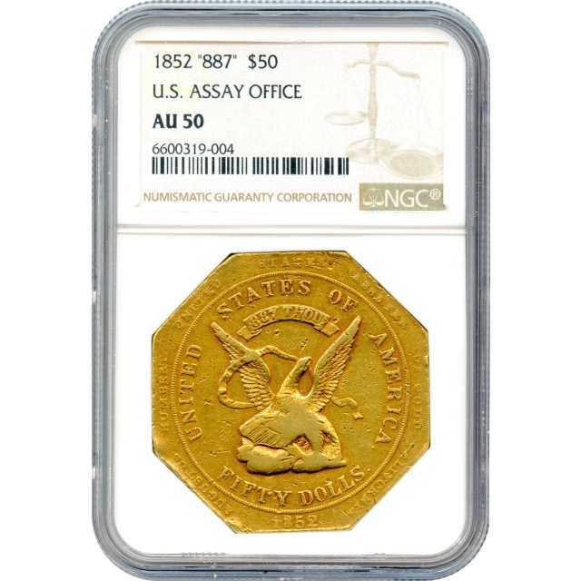 1852 $50 California Gold Quintuple Eagle - U.S. Assay Office 887 NGC AU50