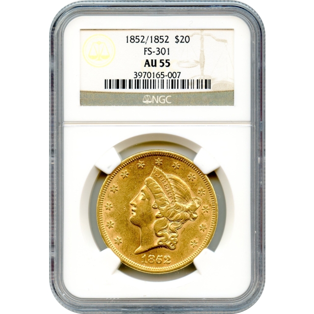 1852/1852 $20 Liberty Head Double Eagle, FS-301 NGC AU55
