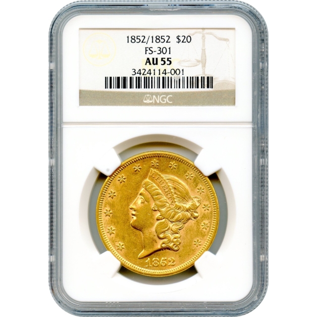 1852/1852 $20 Liberty Head Double Eagle, FS-301 NGC AU55