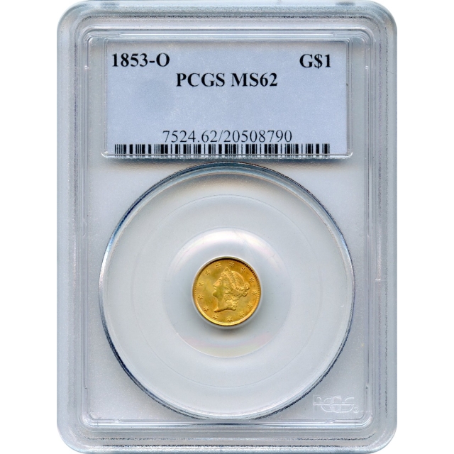 1853-O G$1 Liberty Head Gold Dollar PCGS MS62