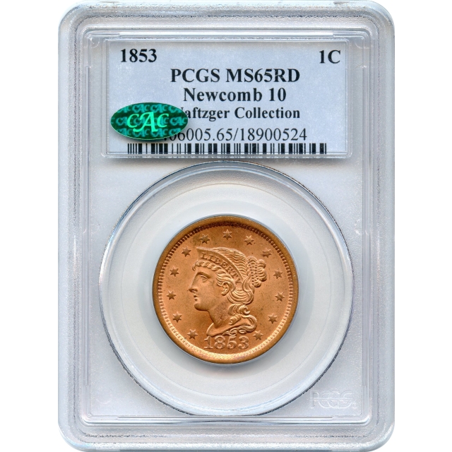 1853 1C Braided Hair Large Cent, Newcomb 10 PCGS MS65RD (CAC) Ex. Naftzger Collection