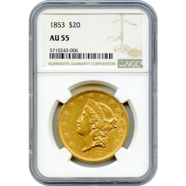1853 $20 Liberty Head Double Eagle NGC AU55