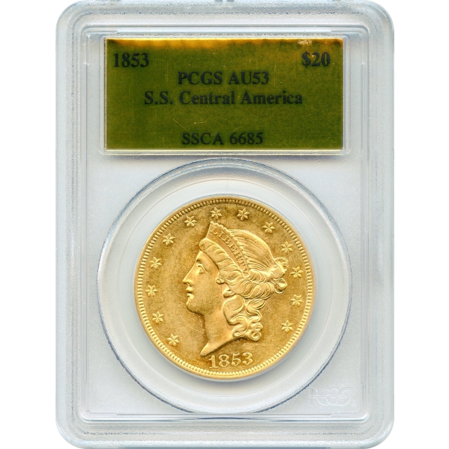 1853 $20 Liberty Head Double Eagle PCGS AU53 Ex.S.S. Central America