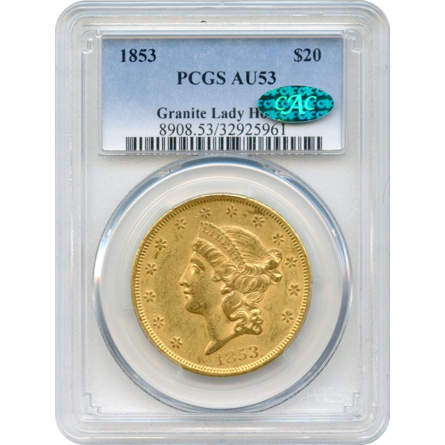 1853 $20 Liberty Head Double Eagle PCGS AU53 (CAC)