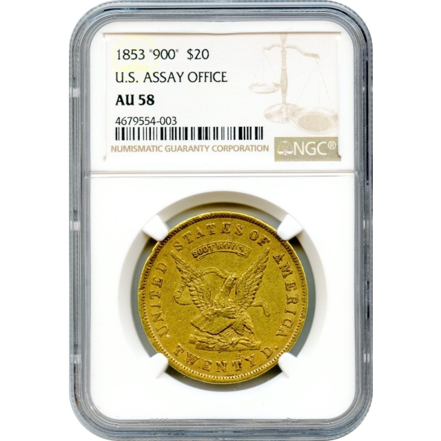 1853 $20 California Gold Double Eagle - U.S. Assay Office 900 NGC AU58