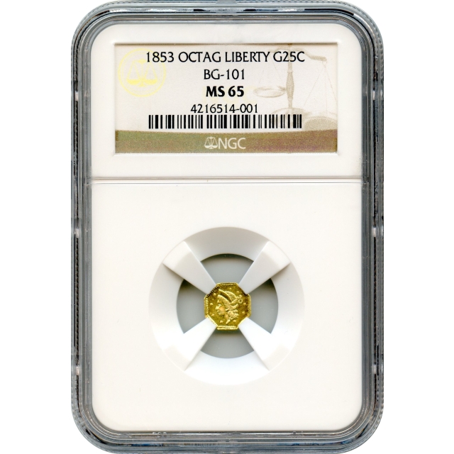 BG- 101, 1853 California Gold Rush Circulating Fractional Gold 25C, Liberty Octagonal NGC MS65 R5- FINEST
