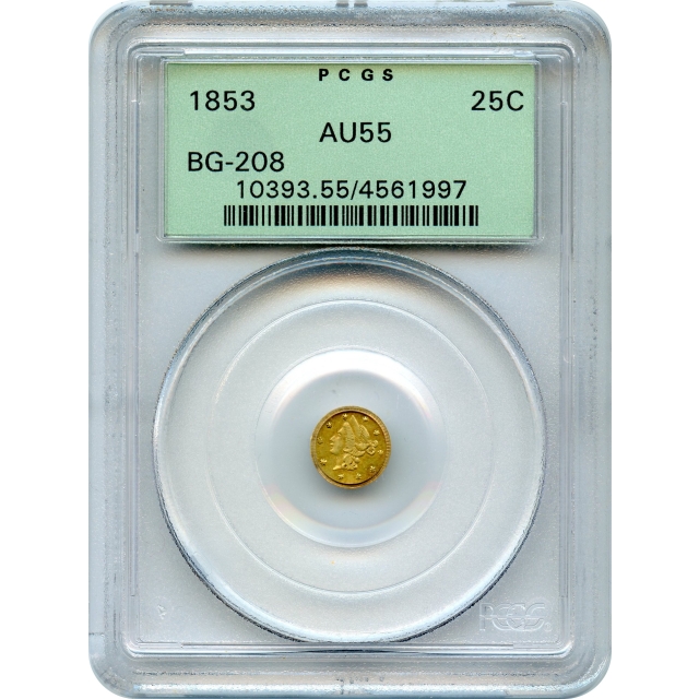 BG- 208, 1853 California Gold Rush Circulating Fractional Gold 25C, Liberty Round PCGS AU55 R7