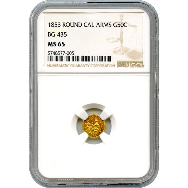 BG- 435, 1853 California Gold Rush Circulating Fractional Gold 50C, Round 'Arms of California,' NGC MS65 R5-