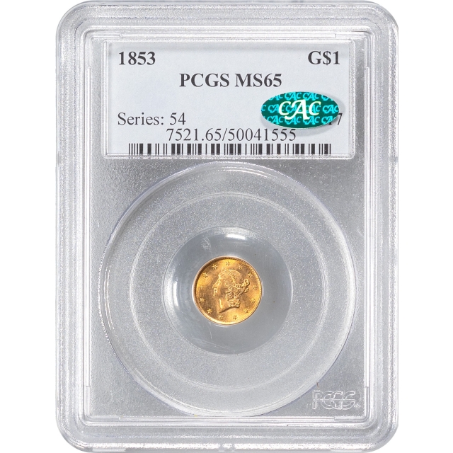1853 G$1 Liberty Head Gold Dollar PCGS MS65 (CAC)