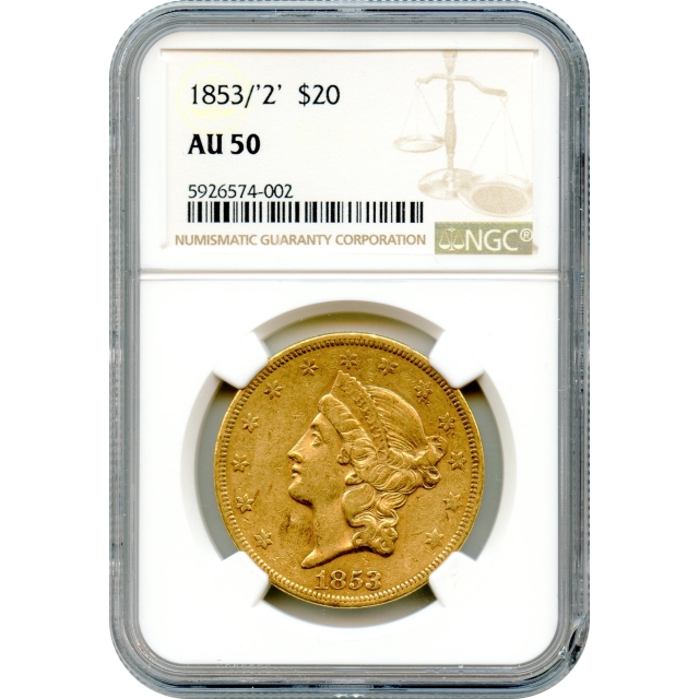 1853/'2' $20 Liberty Head Double Eagle NGC AU50