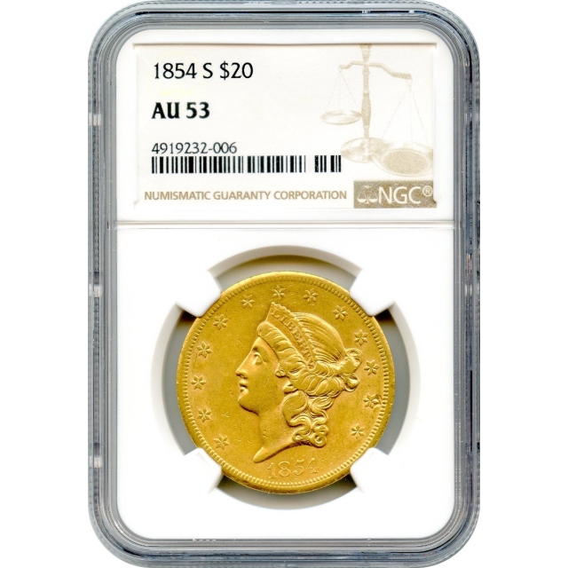 1854-S $20 Liberty Head Double Eagle NGC AU53