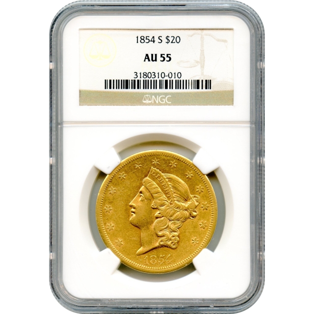 1854-S $20 Liberty Head Double Eagle NGC AU55