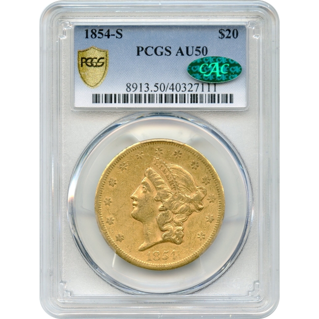 1854-S $20 Closed A Liberty Head Double Eagle PCGS AU50 (CAC)