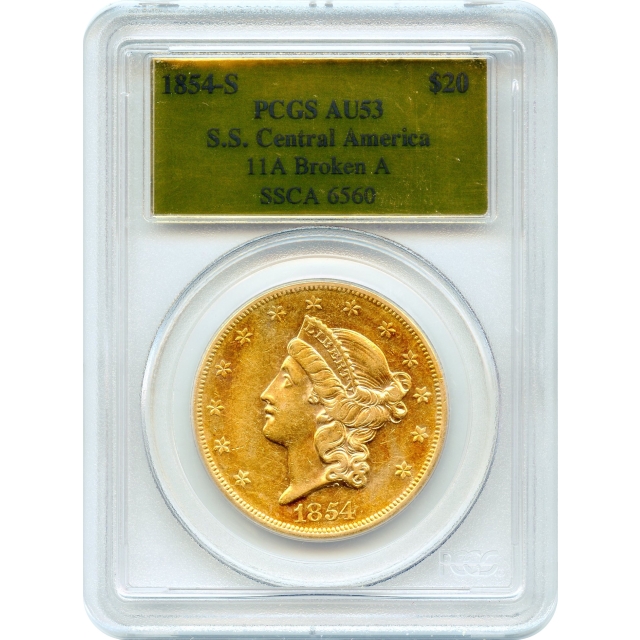 1854-S $20 Liberty Head Double Eagle PCGS AU53 Ex.SS Central America