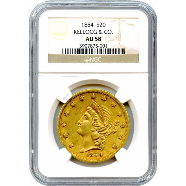 1854 $20 California Gold Double Eagle - Kellogg & Co. NGC AU58