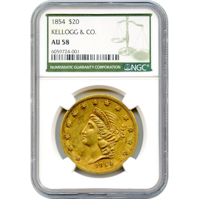 1854 $20 California Gold Double Eagle - Kellogg & Co. NGC AU58
