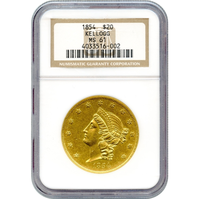 1854 $20 California Gold Double Eagle - Kellogg & Co. NGC MS61