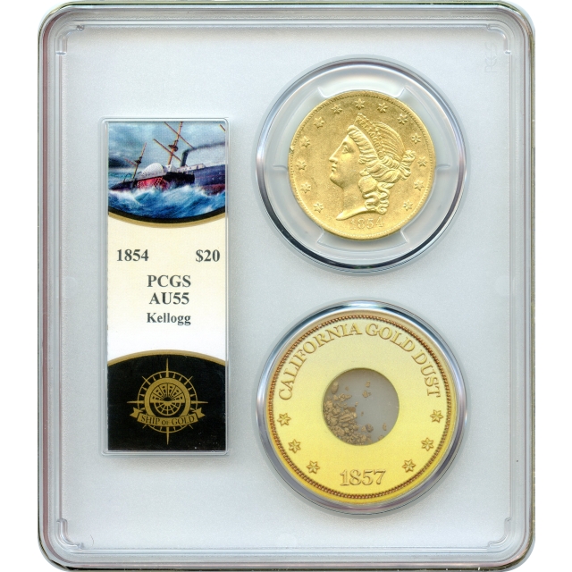 1854 $20 California Gold Double Eagle - Kellogg & Co., PCGS AU55 Ex. SS Central America with Pinch