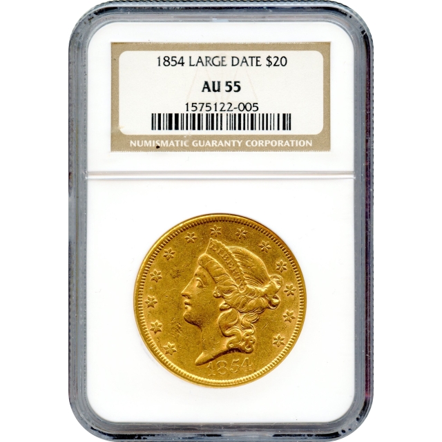 1854 $20 Liberty Head Double Eagle, Large Date NGC AU55