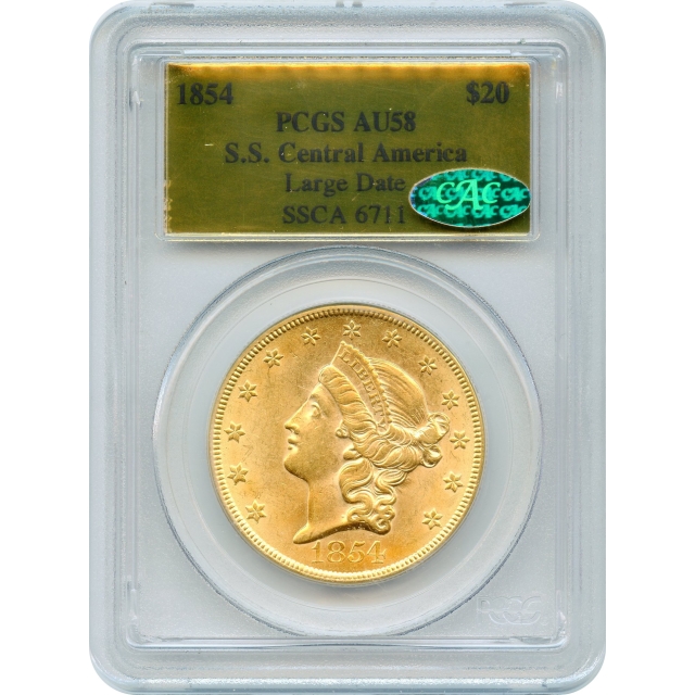 1854 $20 Liberty Head Double Eagle, Large Date PCGS AU58 (CAC) Ex.SS Central America