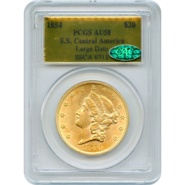 1854 $20 Liberty Head Double Eagle, Large Date PCGS AU58 (CAC) Ex.SS Central America